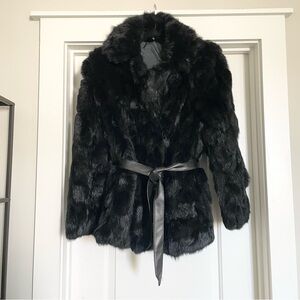 Vintage Black Rabbit Fur Coat Belted Mob Wife Glam Old Money Luxe French
